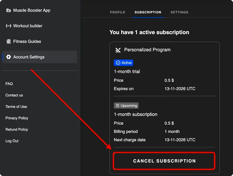 Muscle Booster web account subscription page with Cancel Subscription highlighted